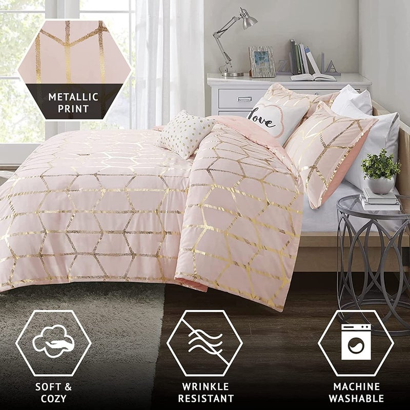 Intelligent Design Raina King/Cal King Comforter Set, Soft Microfiber, Modern Geometric Metallic Bed Set, 5 Pieces College Bedding with 2 Shams, 2 Toss Pillows Blush/Gold - Image 4
